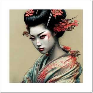 Japanese geisha head painting with flowers Posters and Art